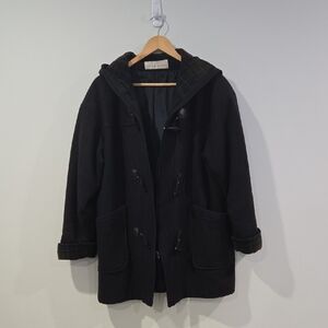 Retro 90's Hooded Navy Wool and Tartan Fishermancore Coat with Toggle Closures